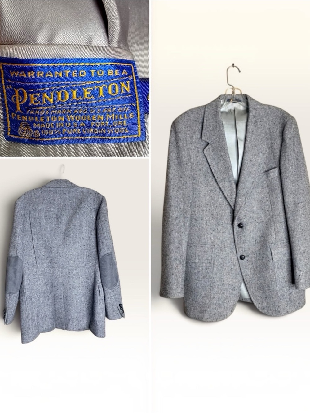 Vintage Pendleton 40R Wool Tweed Blazer Gray Suede Elbow Patch Made USA